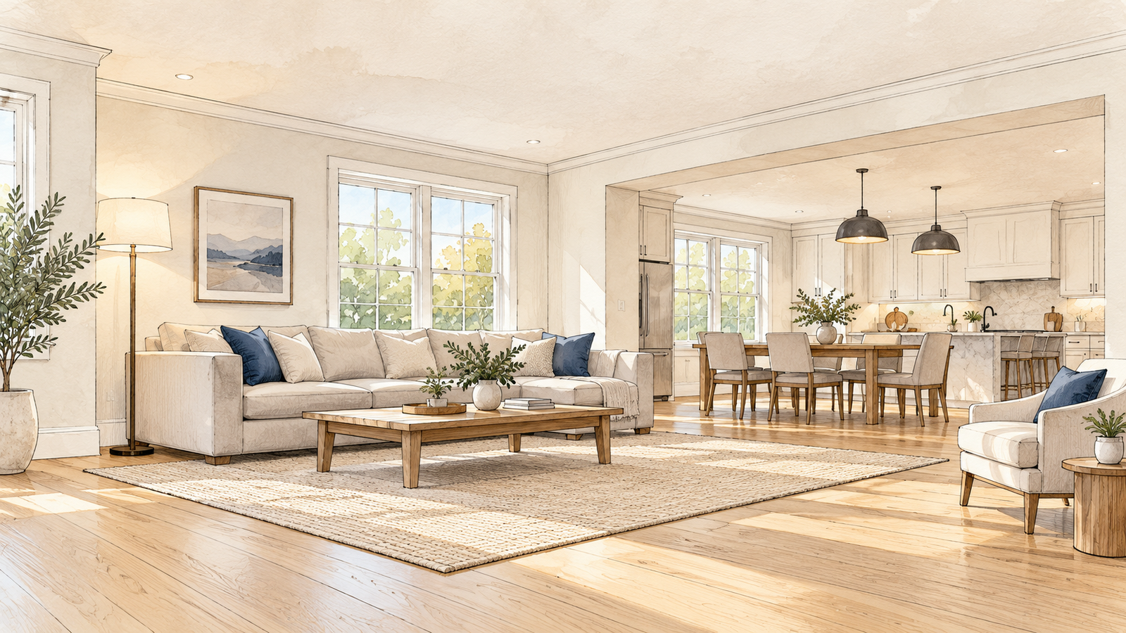 Load-Bearing Wall Removal in Ottawa: What to Check Before You Start 1 Architectural sketch of a sunlit open-plan living room with cream seating, navy cushions and light wood flooring, opening to a dining area and pale kitchen.